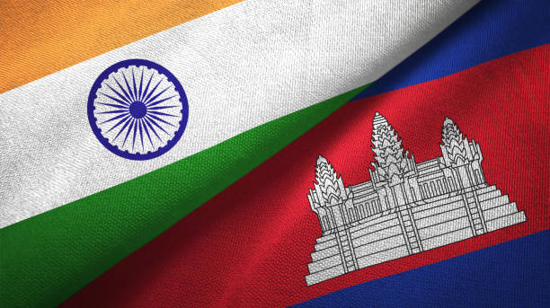 istock Cambodia and India two flags together textile cloth, fabric texture 1124487062