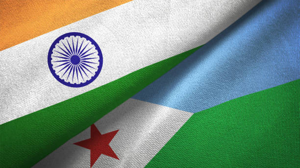 istock Djibouti and India two flags together textile cloth, fabric texture 1124487605