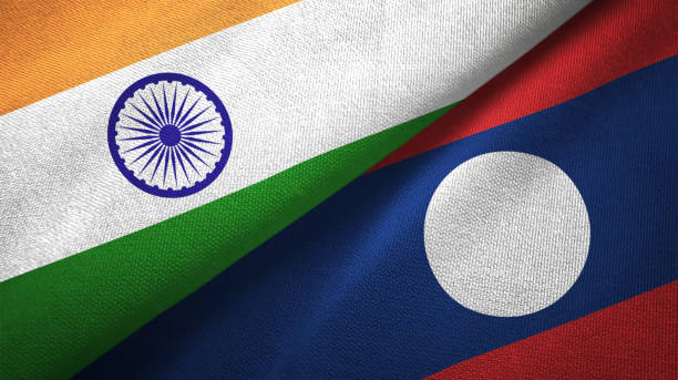 istock Laos and India two flags together textile cloth, fabric texture 1124487747