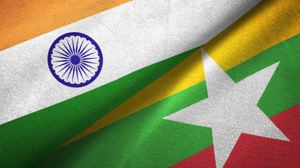 istock Myanmar and India two flags together textile cloth, fabric texture 1124487770