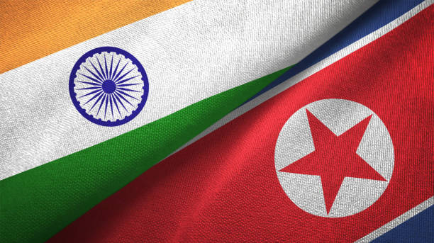 istock North Korea and India two flags together textile cloth, fabric texture 1124487802