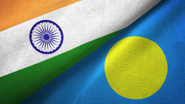 istock Palau and India two flags together textile cloth, fabric texture 1124487826