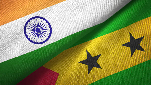 istock Sao Tome and Principe and India two flags together textile cloth, fabric texture 1124487919