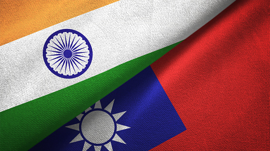 Taiwan and India flags together textile cloth, fabric texture