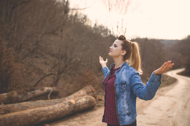 Girl walking vintage nature outdoor, season tree majestic scenery stylization, beauty Dress model woman, leaf jacket