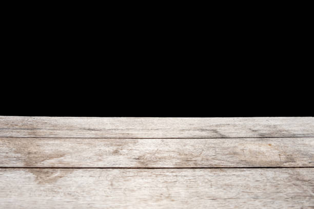 istock Wooden table with black dark background. perspective interior, for product display 1124488556