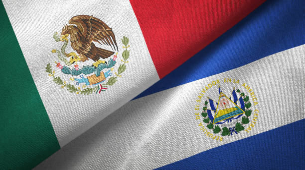 istock El Salvador and Mexico two flags together textile cloth, fabric texture 1124489091