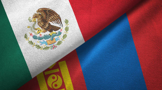 istock Mongolia and Mexico two flags together textile cloth, fabric texture 1124489198