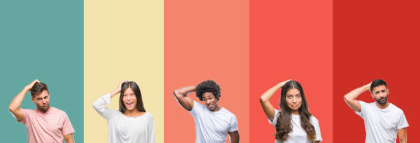 istock Collage of different ethnics young people over colorful stripes isolated background confuse and wonder about question. Uncertain with doubt, thinking with hand on head. Pensive concept. 1124489338