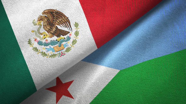 istock Djibouti and Mexico two flags together textile cloth, fabric texture 1124489723
