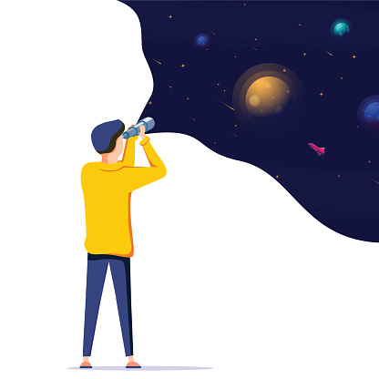 Man exploring space. Vector illustration flat design. Use in Web Project and Applications. Landing page concept for innovative solution search. Innovation, research, business vector illustration.