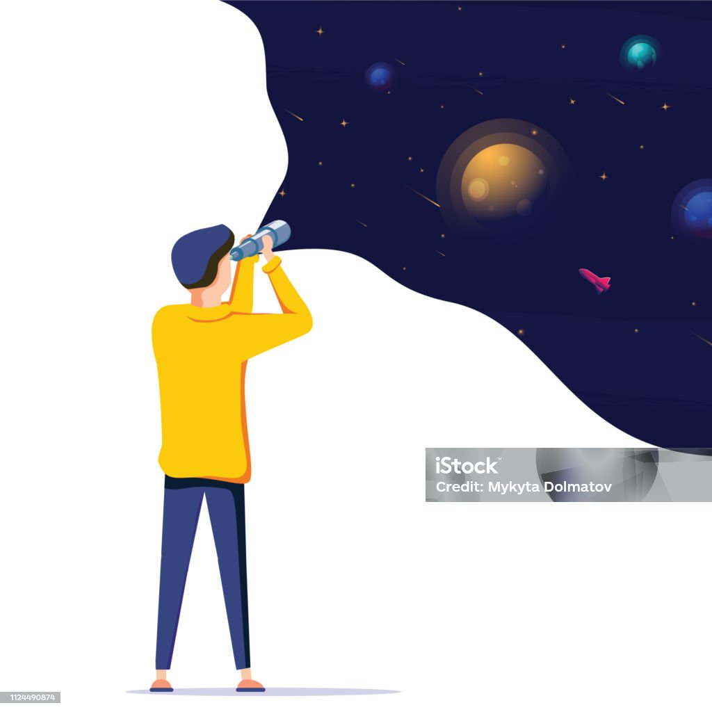 Man exploring space. Vector illustration flat design. Use in Web Project and Applications. Landing page concept Man exploring space. Vector illustration flat design. Use in Web Project and Applications. Landing page concept for innovative solution search. Innovation, research, business vector illustration. Telescope stock vector