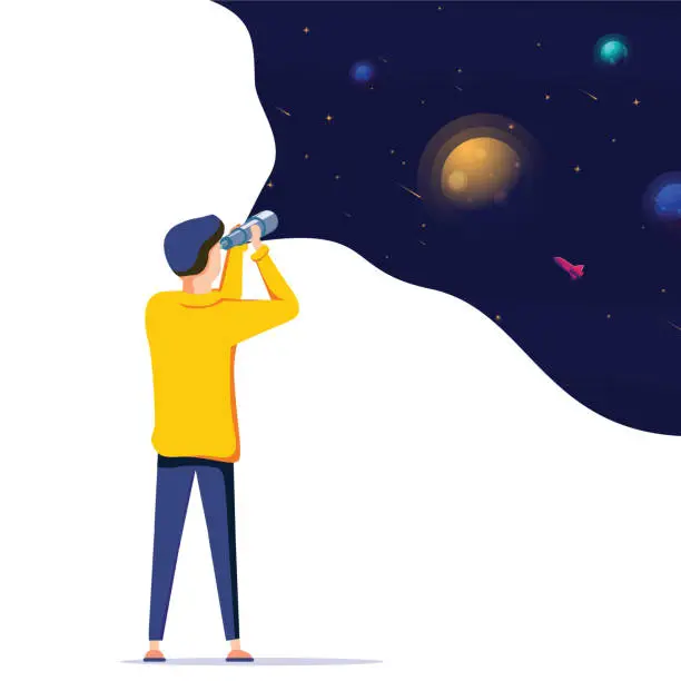 Vector illustration of Man exploring space. Vector illustration flat design. Use in Web Project and Applications. Landing page concept
