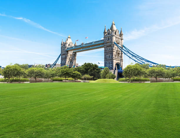 schöner park an einem sonnigen tag - london england tower bridge uk bridge stock-fotos und bilder