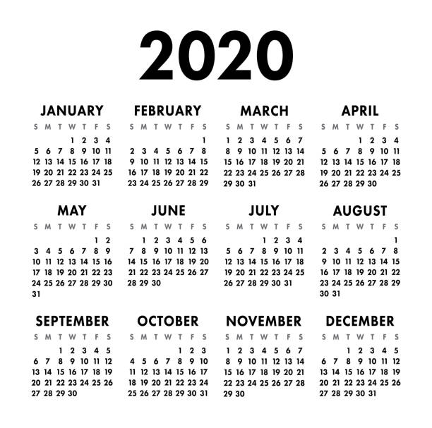 ilustraciones, imágenes clip art, dibujos animados e iconos de stock de calendario año 2020. plantilla de vector de blanco y negro. la semana comienza el domingo. cuadrícula básica. calendario cuadrado de bolsillo. diseño listo - 2020