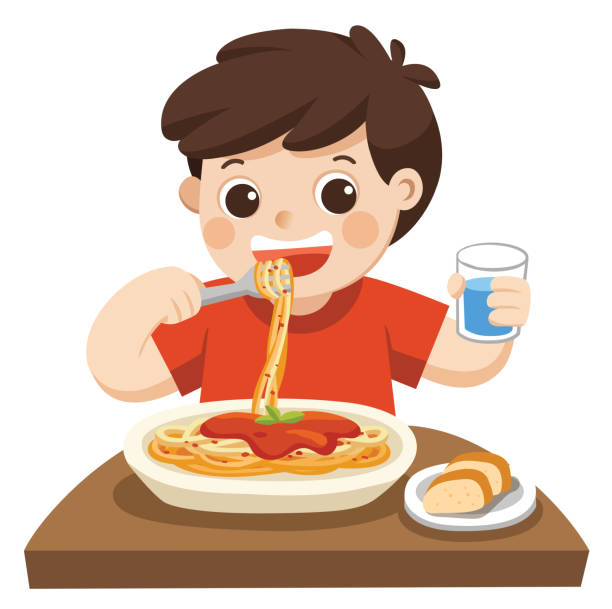 illustrations, cliparts, dessins animés et icônes de un petit garçon heureux de manger les spaghettis avec une fourchette sur la plaque. - child eating pasta spaghetti