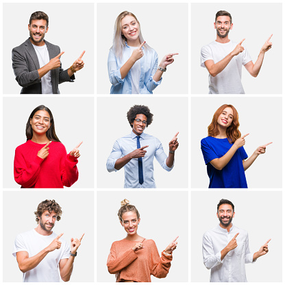 Collage of group of young people woman and men over isolated background smiling and looking at the camera pointing with two hands and fingers to the side.