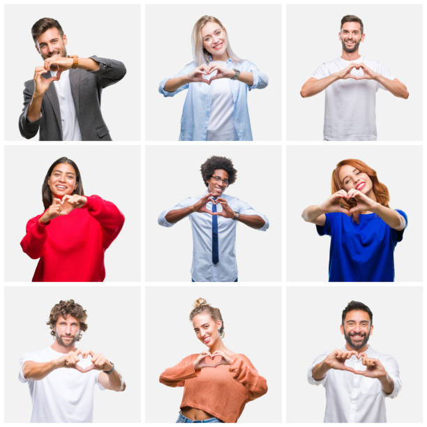 collage de grupo de jóvenes mujer y hombres sobre fondo aislado sonriendo en amor mostrando el símbolo del corazón y la forma con las manos. concepto romántico. - made man object fotografías e imágenes de stock