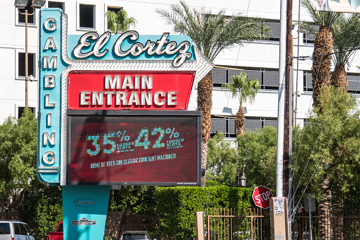 Las Vegas, Nevada - October 13, 2017: Sign for the El Cortez hotel and casino in downtown Las Vegas Fremont Street on a sunny day