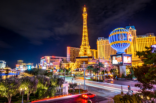 Las Vegas. USA. 09.25.2023. Breathtaking view of Bellagio casino hotel with artificial water feature for fountain show.