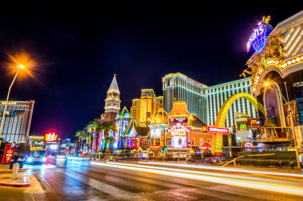 View of the Las Vegas Boulevard at night with lots of hotels and casinos in Las  Vegas. Stock Photo