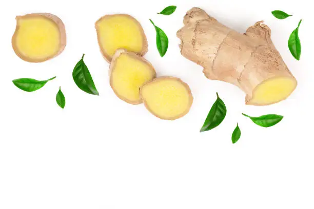 fresh Ginger root and slice isolated on white background with copy space for your text. Top view. Flat lay.