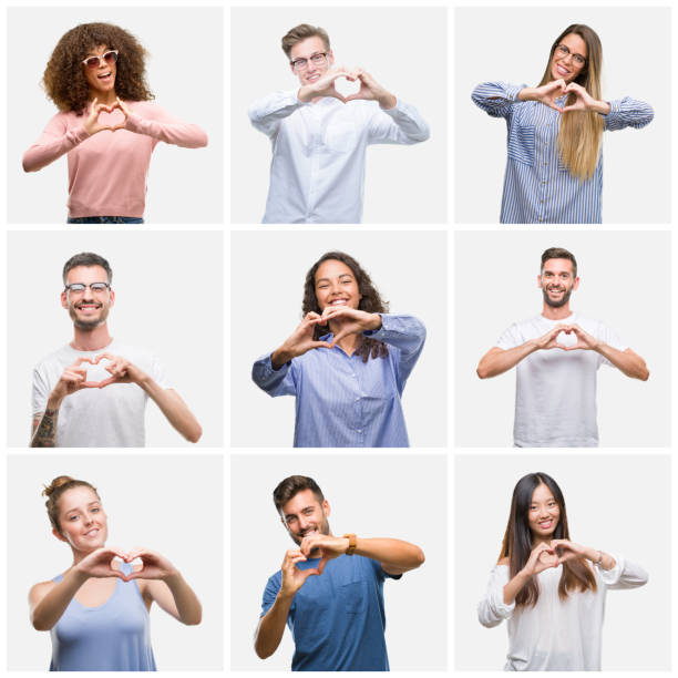 collage of group of young people woman and men over white solated background smiling in love showing heart symbol and shape with hands. romantic concept. - made man object imagens e fotografias de stock
