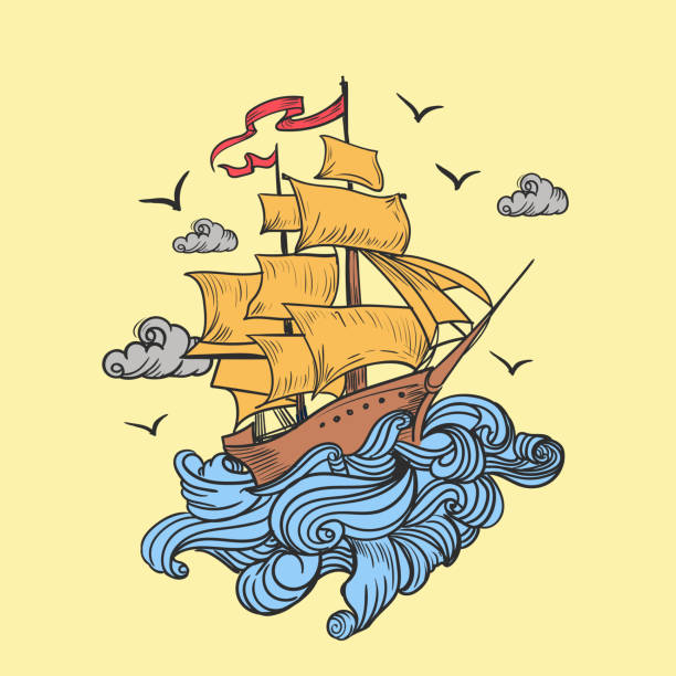 ship of the  see badge ship of the  see badge logo in vintage old school design, pirate ship cartoon, T-shirt design illustration - Images vectorielles nautical tattoos stock illustrations