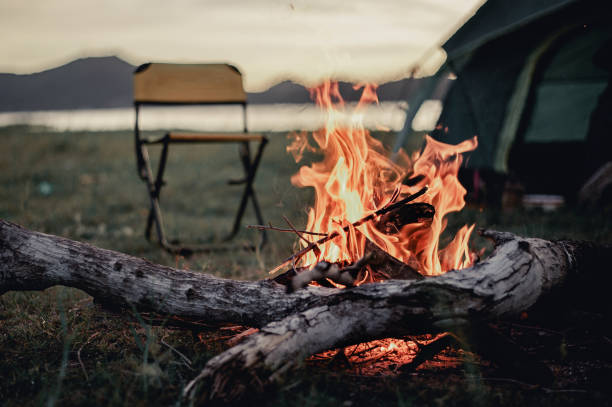 istock Group of friends camping.They are sitting around fire camp. 1124501070