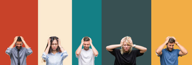 istock Collage of different ethnics young people over colorful stripes isolated background suffering from headache desperate and stressed because pain and migraine. Hands on head. 1124503742