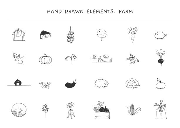 Big set of farm label elements. Vector hand drawn objects. Big set of farm label elements. Farm and organic food theme. Isolated symbols for business branding and identity, for farmers markets, berry farms, fairs, and grocery stores. farm drawings stock illustrations