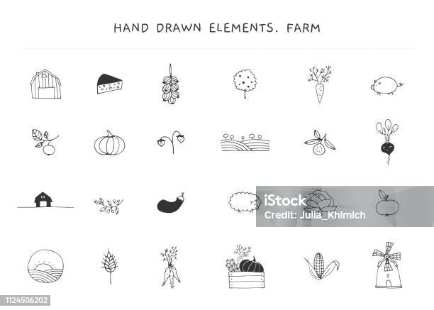 Big Set Of Farm Label Elements Vector Hand Drawn Objects Stock Illustration - Download Image Now