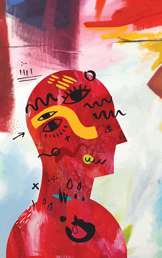 Vector illustration depicting mental health concept made from two different vectorised acrylic paintings combined with hand drawn brush elements.