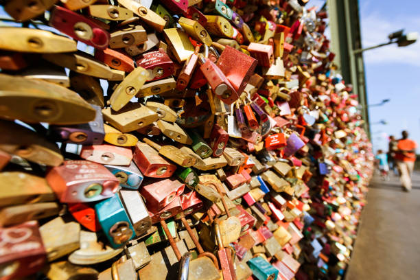istock Love locks on a bridge, people in bokeh on background 1124508033