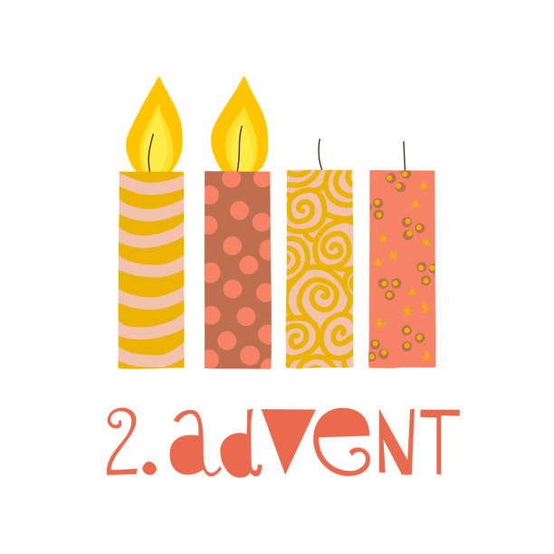 Two burning advent candles vector illustration. Two burning advent candles vector illustration. Second sunday in advent. Zweiter Advent german text. Flat Holiday design with candles on white background. For greeting Holiday cards, poster, Christmas 2 advent stock illustrations