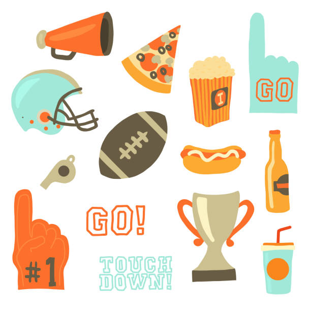 ilustrações de stock, clip art, desenhos animados e ícones de championship game party vector icon set. sport games celebration icons. american football vintage retro style. helmet, award, cup, trophy, pizza slice, football, popcorn, beer bottle, megaphone, foam hand. - lanche da tarde