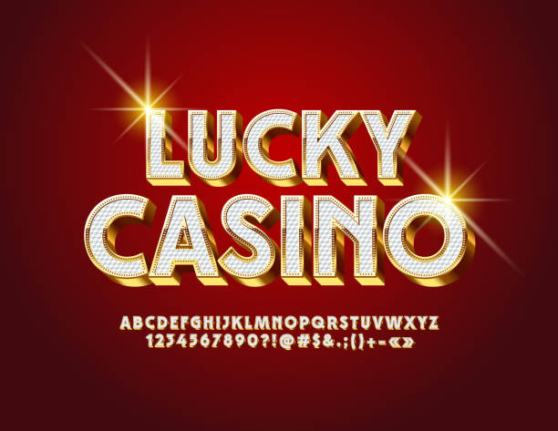 Vector luxury label Lucky Casino. Royal Alphabet Letters, Numbers and Symbols Stylish White and Golden 3D Font jackpot stock illustrations