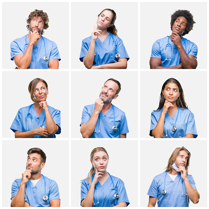 Collage of group of professional doctor nurse people over isolated background with hand on chin thinking about question, pensive expression. Smiling with thoughtful face. Doubt concept.