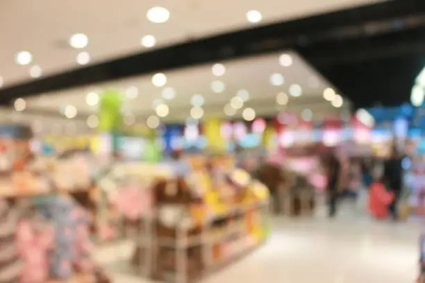 Photo of Products on shelves in department store, blurred focus