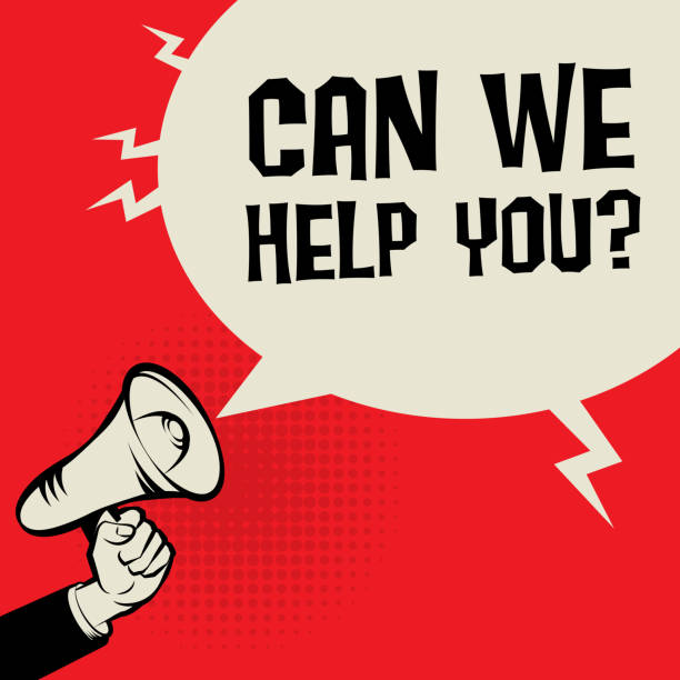 Megaphone Hand, business concept with text Can We Help You? Megaphone Hand, business concept with text Can We Help You?, vector illustration we can help you stock illustrations