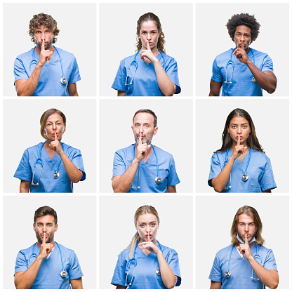 Collage of group of professional doctor nurse people over isolated background asking to be quiet with finger on lips. Silence and secret concept.