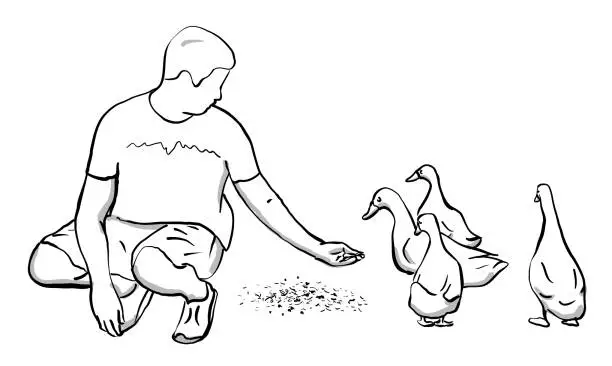 Vector illustration of Feeding The Farm Ducks