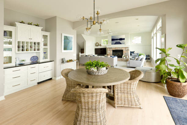 moderne küche wohnzimmer hone design mit offenen konzept - hartholz fotos stock-fotos und bilder