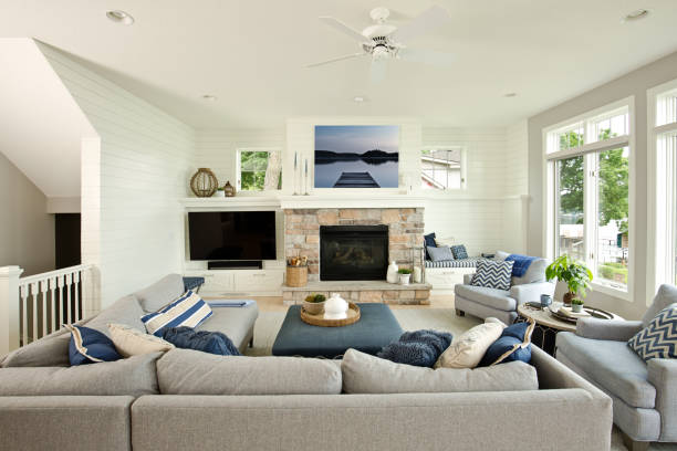 istock Modern Living Room Home Interior Design with fireplace and Television 1124517044