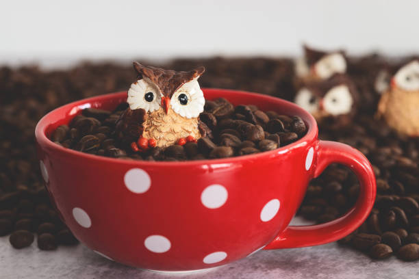 brown ceramic owl in red polkadot coffee cup with full roasted coffee beans,  wake up coffee concept.