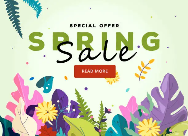 Vector illustration of Spring sale banner template, leaves and spring flowers on white background. Season sale banner, special offer poster, flyer