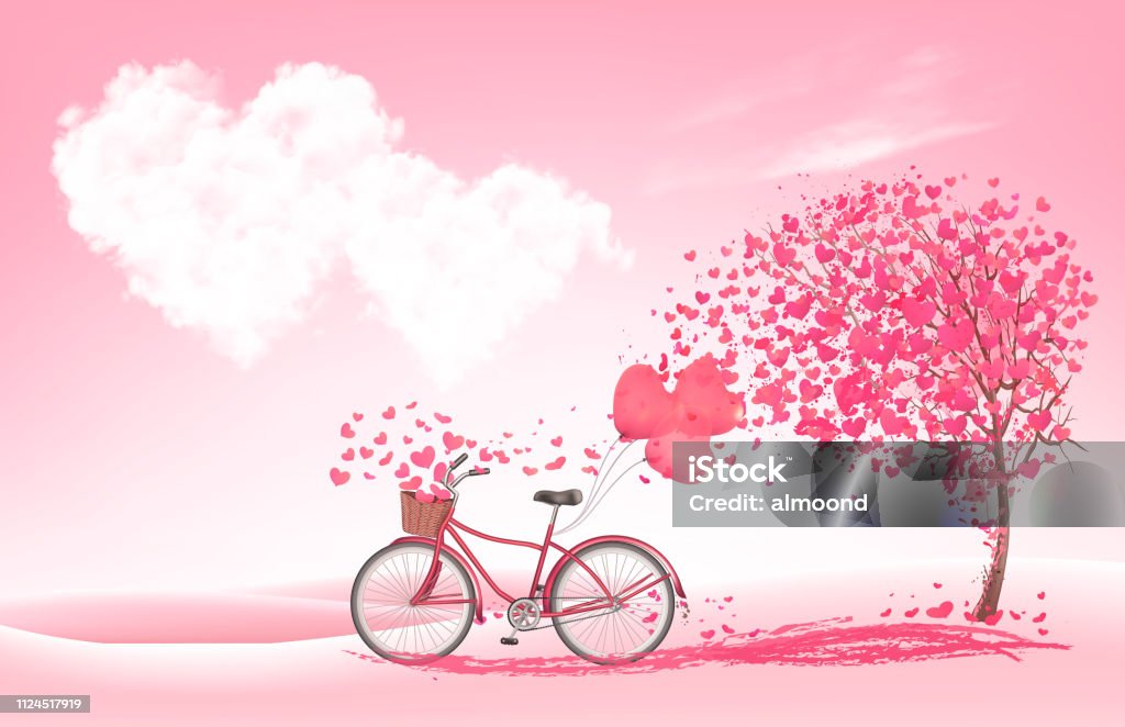 Valentine's Day background with a heart shaped tree and a bicycle. Vector. Abstract stock vector