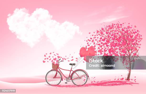 Valentines Day Background With A Heart Shaped Tree And A Bicycle Vector Stock Illustration - Download Image Now