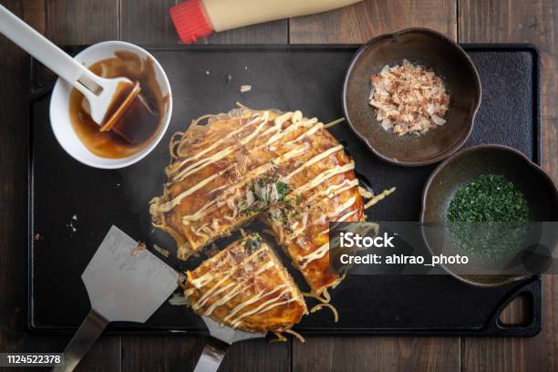 Hiroshima Style Okonomi Japanese Pancake Stock Photo - Download Image Now - Okonomiyaki, Cabbage, Cooking