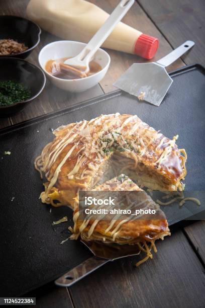 Hiroshima Style Okonomi Japanese Pancake Stock Photo - Download Image Now - Okonomiyaki, Mayonnaise, Cabbage